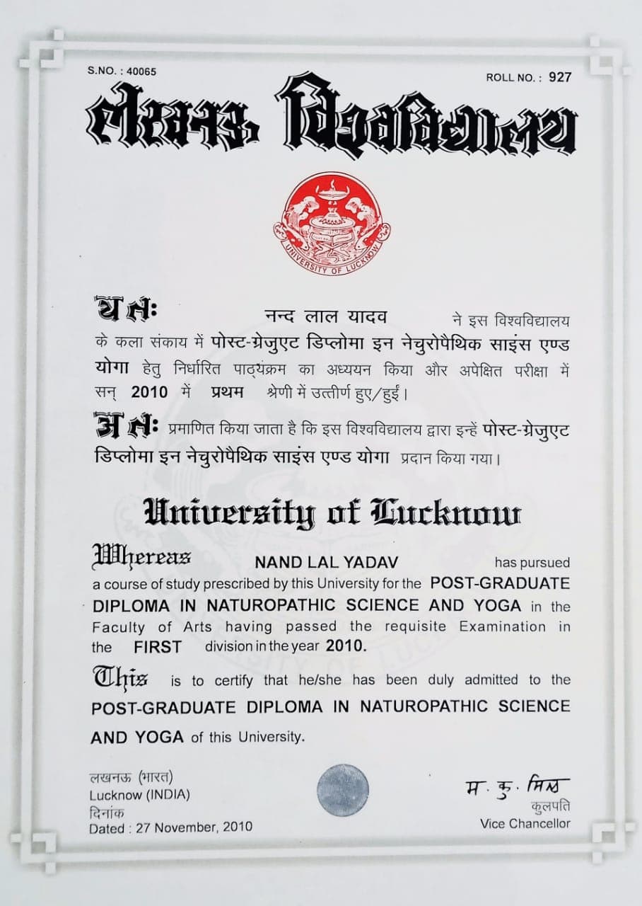Degree certificate of Dr. Nand Lal Yadav – Yoga & Naturopathy