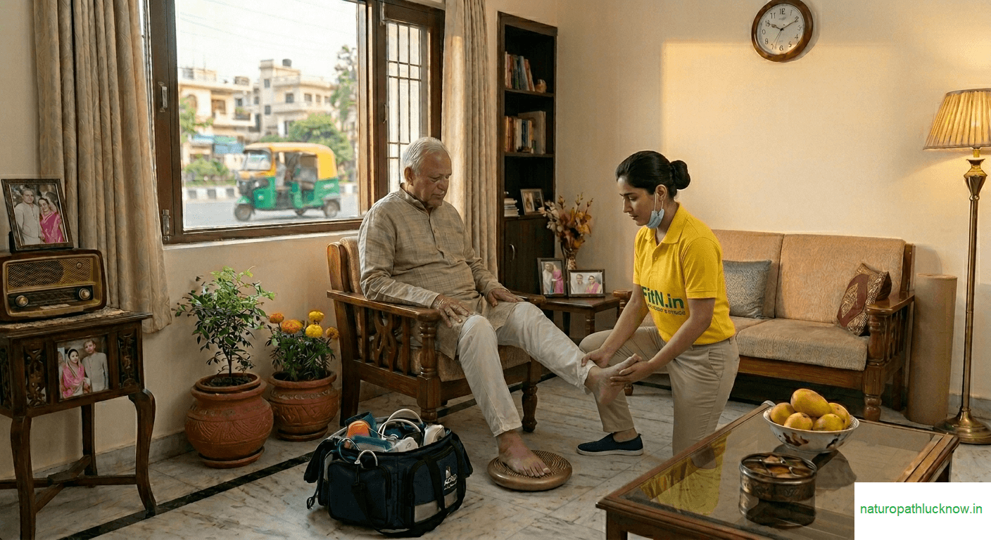 Female Physiotherapy Trainer of Naturopathy Lucknow giving session to an elderly patient of physiotherapy