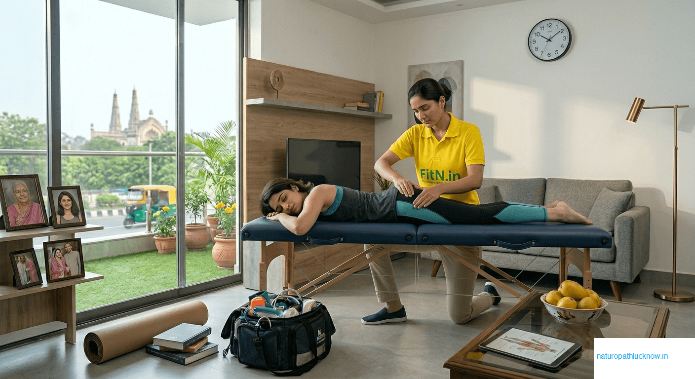 Physiotherapy session by female physiotherapist of Naturopathy Lucknow to a female patient at her home on call