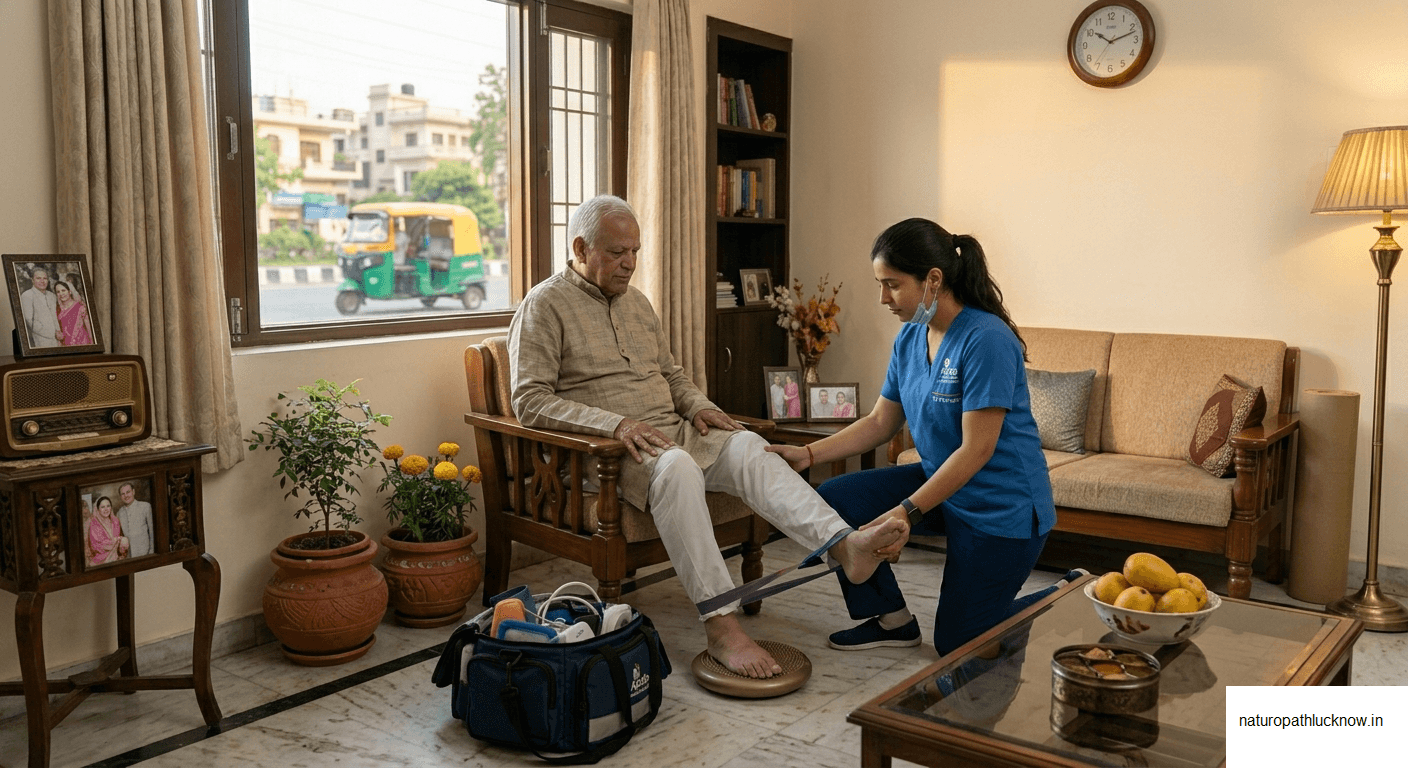 Physiotherapy session by female physiotherapist of Naturopathy Lucknow to an elderly patient at his home on call for his knee joint problem