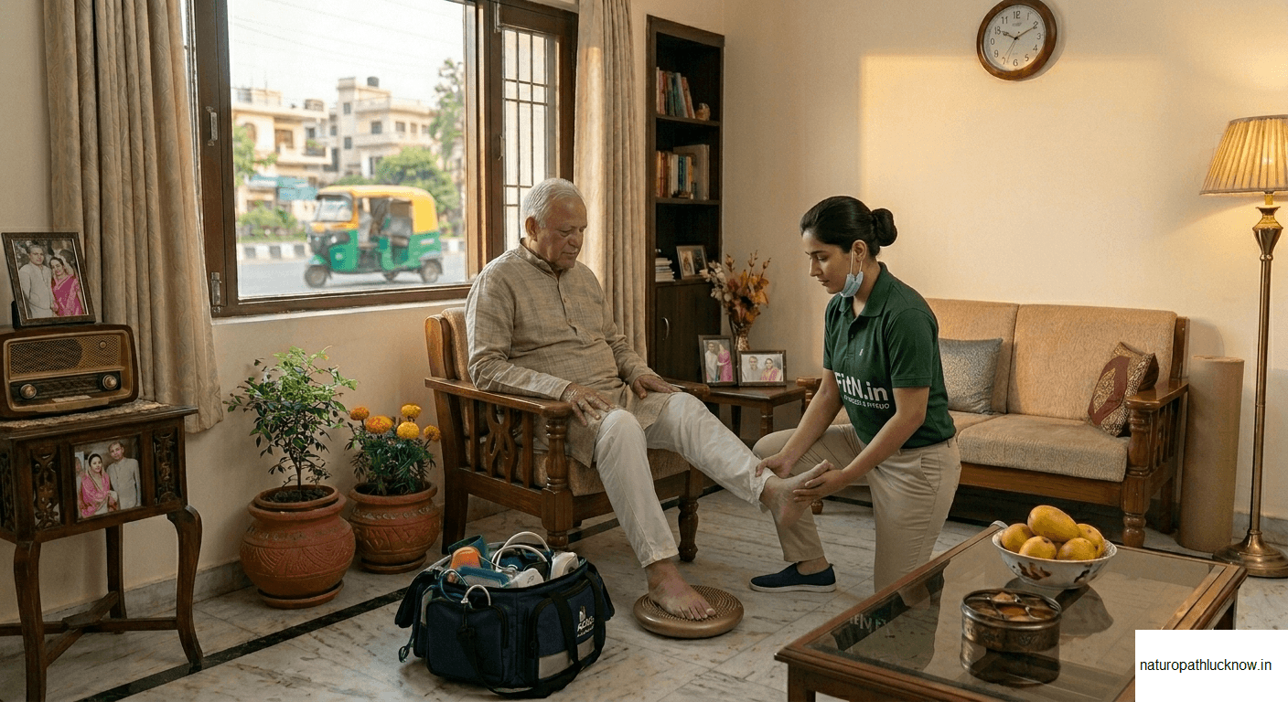 Physiotherapy session by female physiotherapist of Naturopathy Lucknow to an elderly patient at his home on call for his ankle joint problem