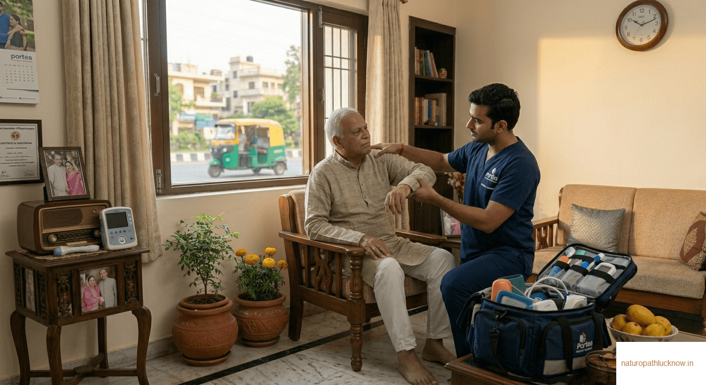 Physiotherapy session by male physiotherapist of Naturopathy Lucknow to an elderly patient at his home on call for his shoulder joint problem