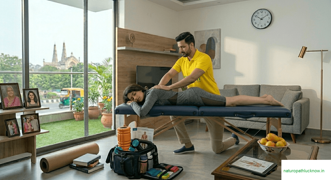 Physiotherapy session by female physiotherapist of Naturopathy Lucknow to an elderly patient at his home on call for his ankle joint problem