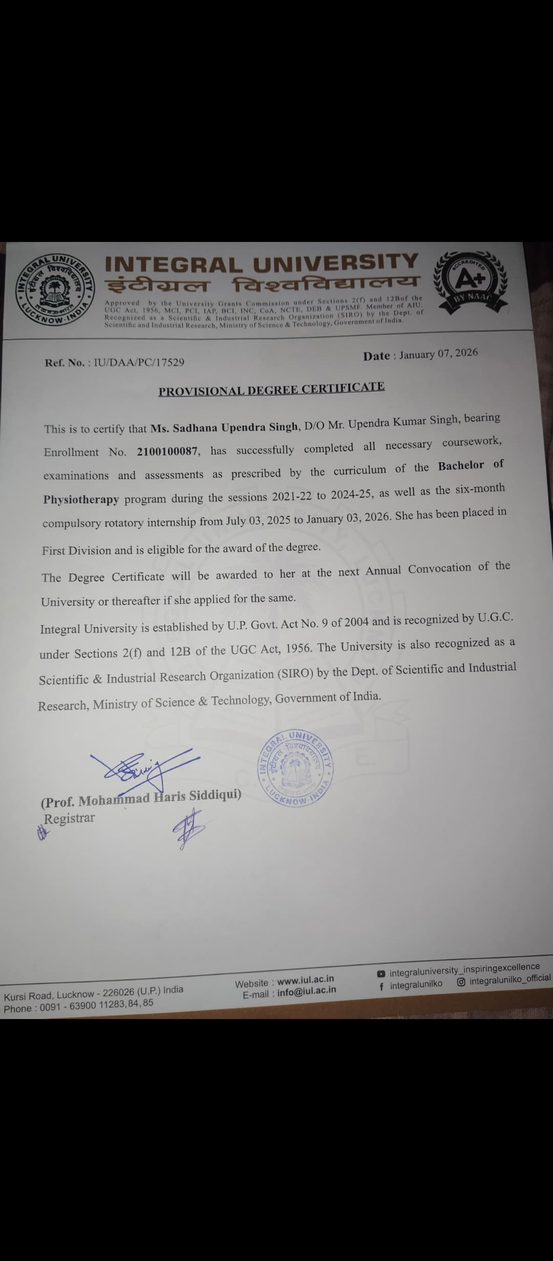 Dr. Sadhna Upendra Singh (PT) Certificate 1