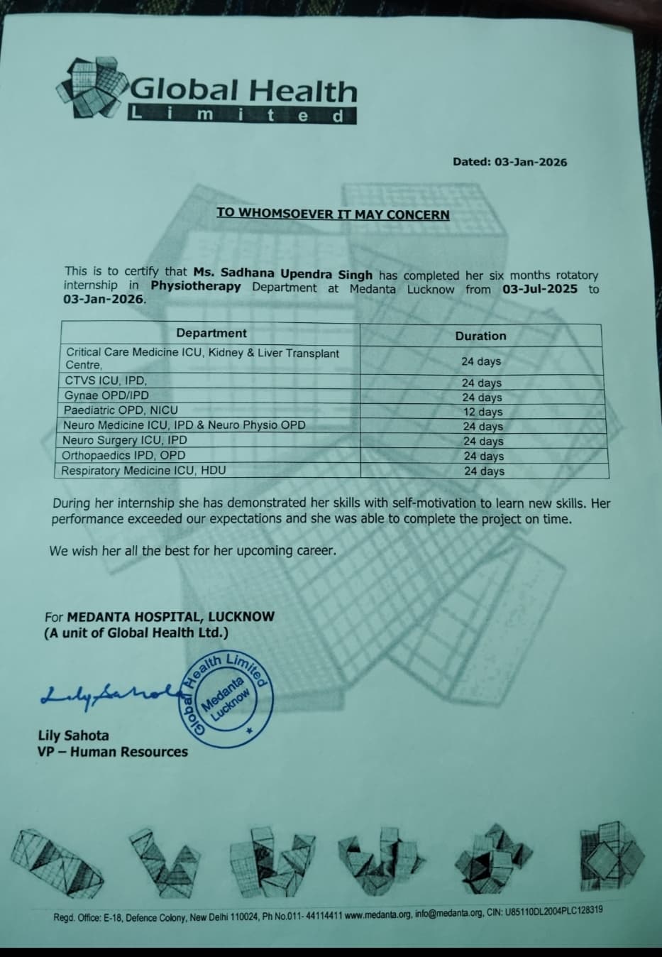 Dr. Sadhna Upendra Singh (PT) Certificate 2