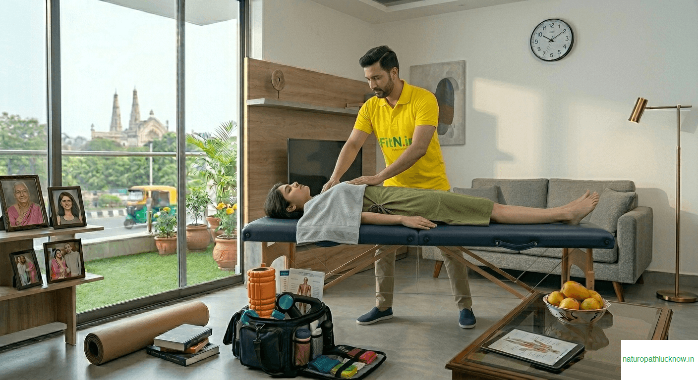 Physiotherapy Trainer of Naturopathy Lucknow giving session to a female patient of physiotherapy at her home service