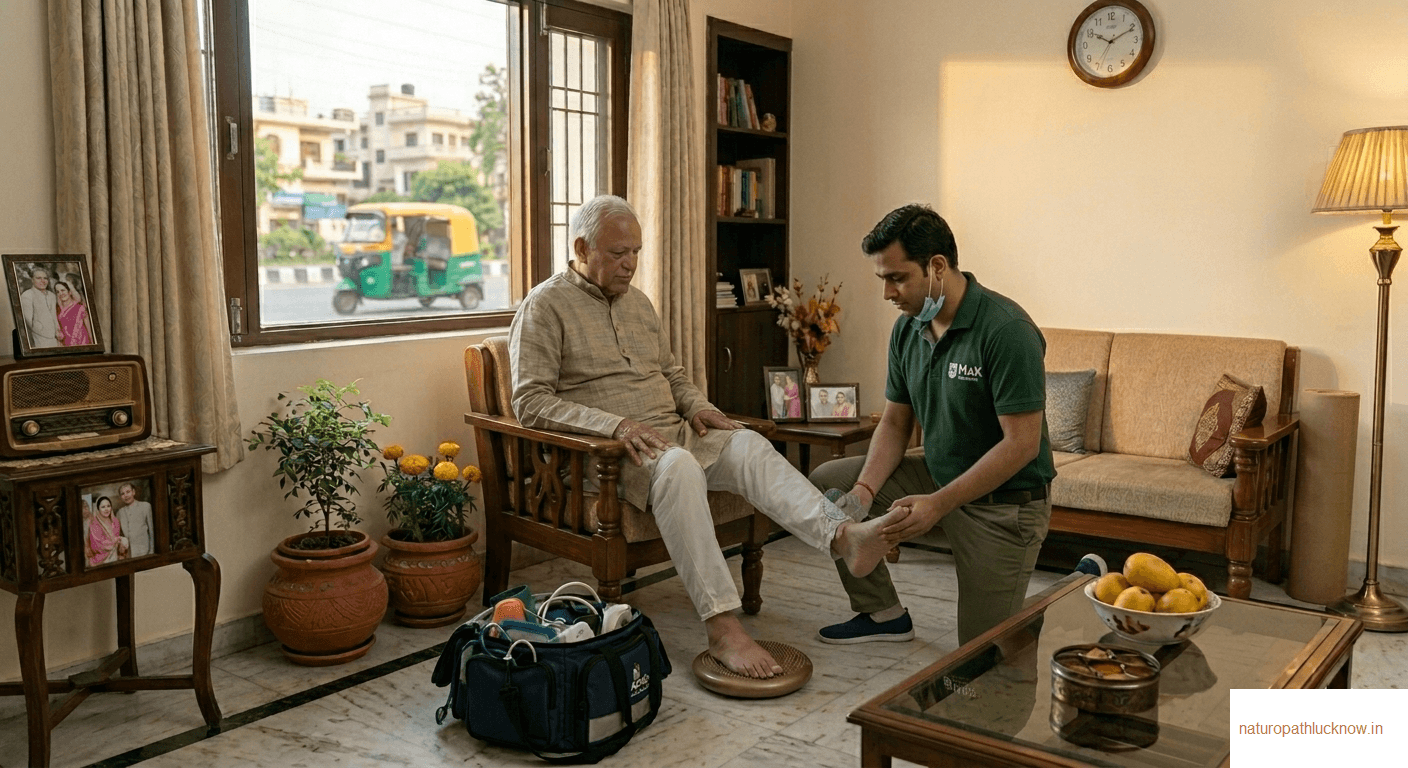 Physiotherapy session by an experienced male physiotherapist of Naturopathy Lucknow to an elderly patient at his home on call for his ankle and other joints problem