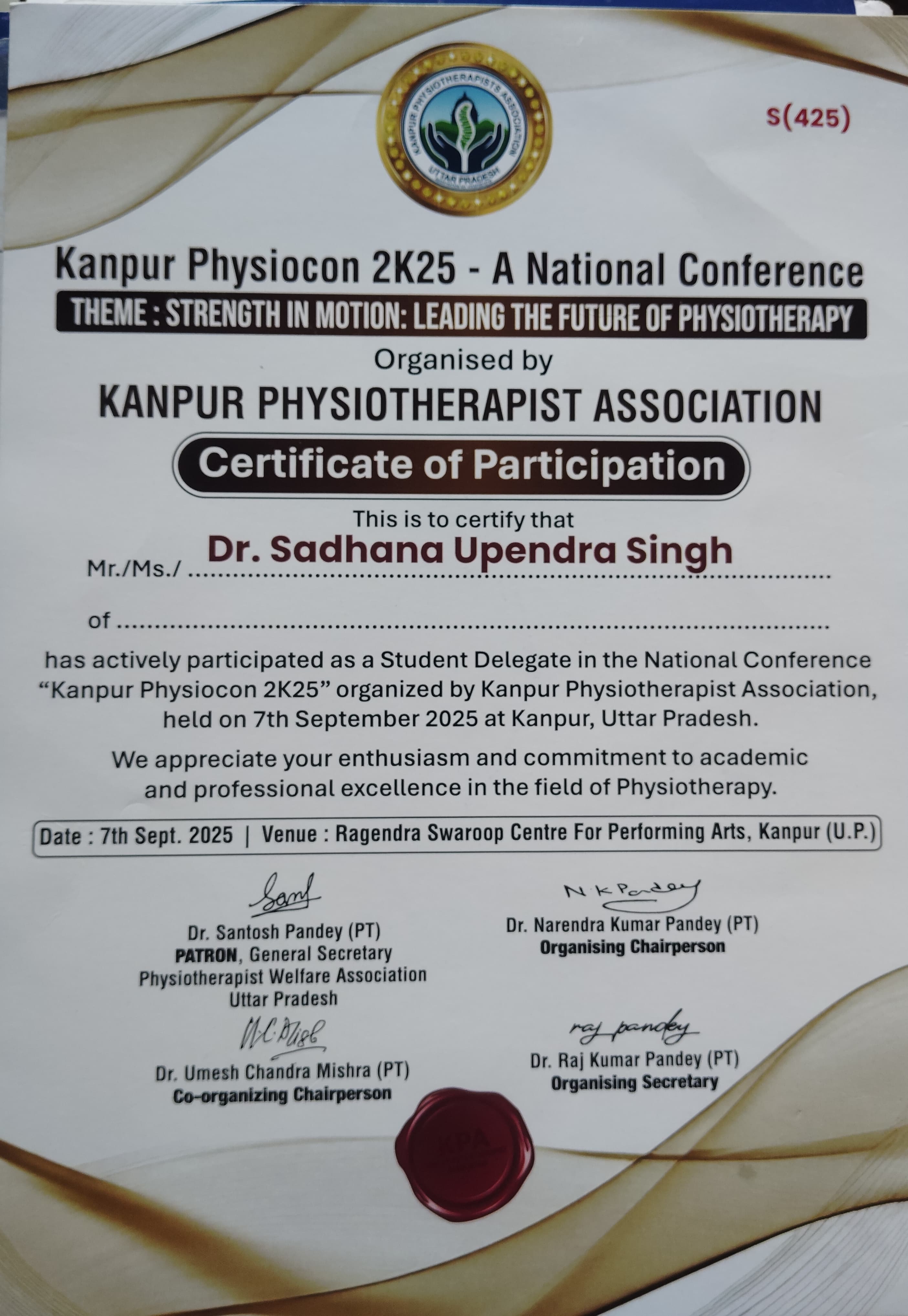 Physiotherapy grand award certificate of work to the physiotherapist Naturopathy Lucknow by top authority in Physiotherapy