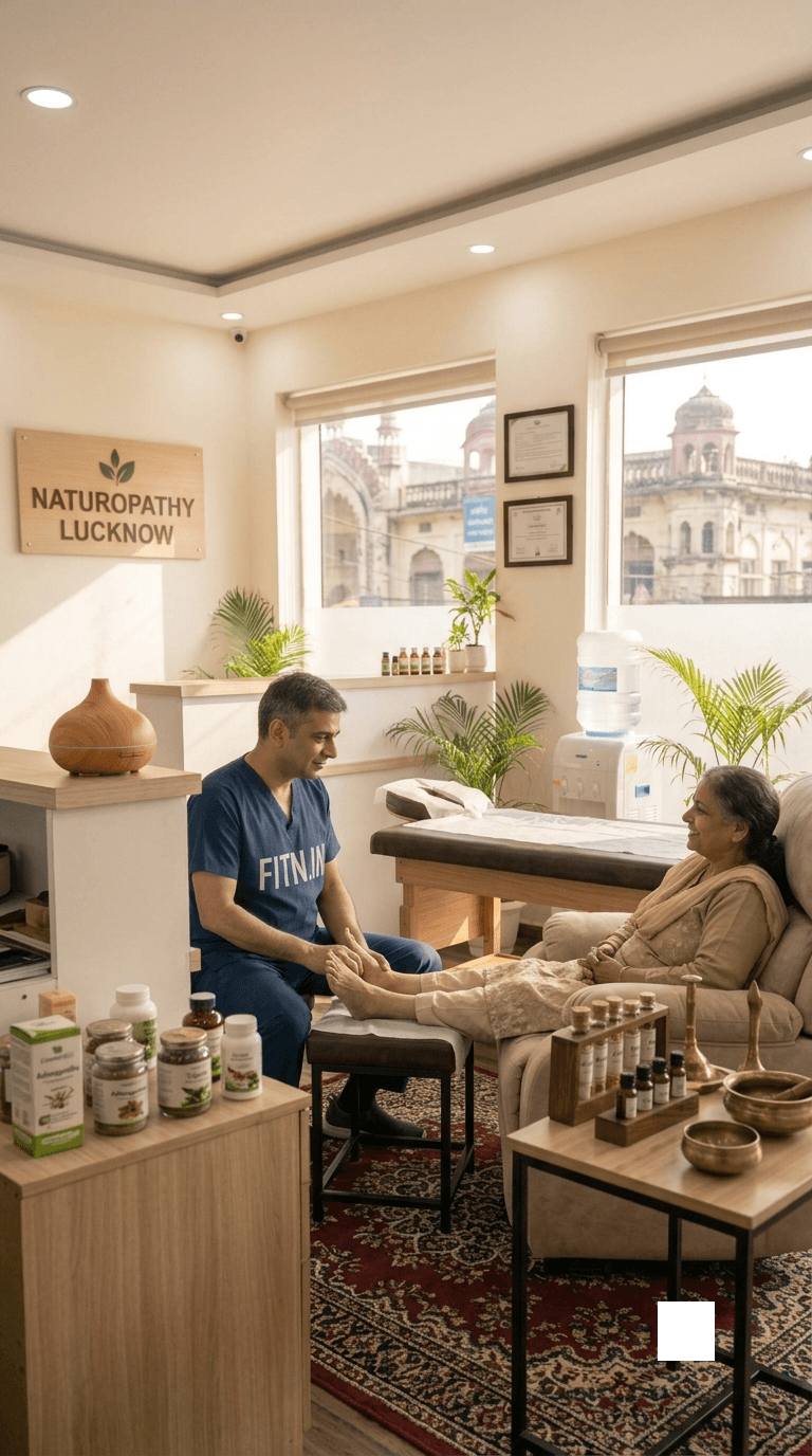 A chiropractor at naturopathy Lucknow setup treating an elderly patient with his chiropractice A chiropractor at naturopathy Lucknow setup treating an elderly patient with his chiropractice